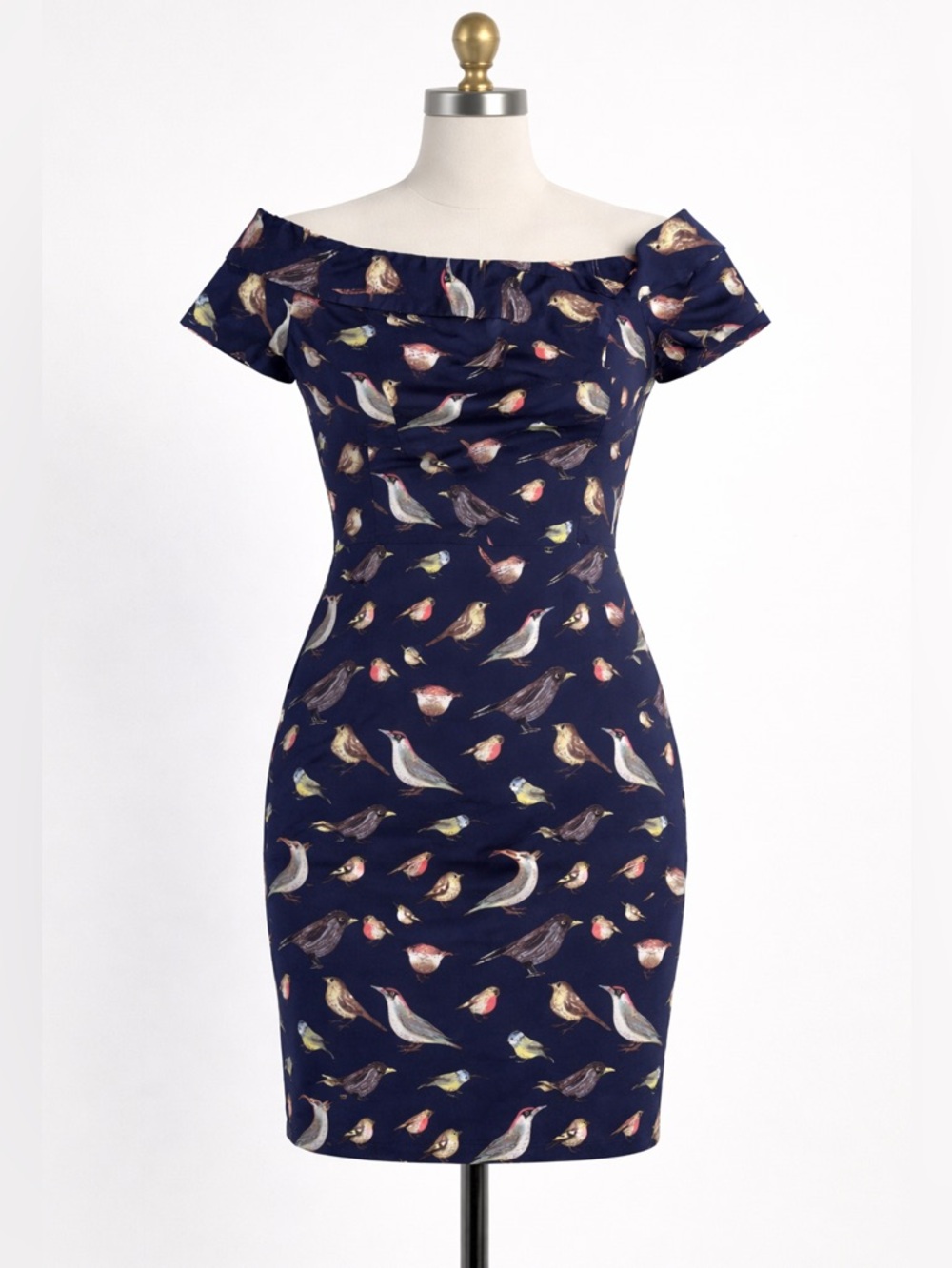Belle Poque Bird Print Vintage Inspired Off The Shoulder Dress Sz 16